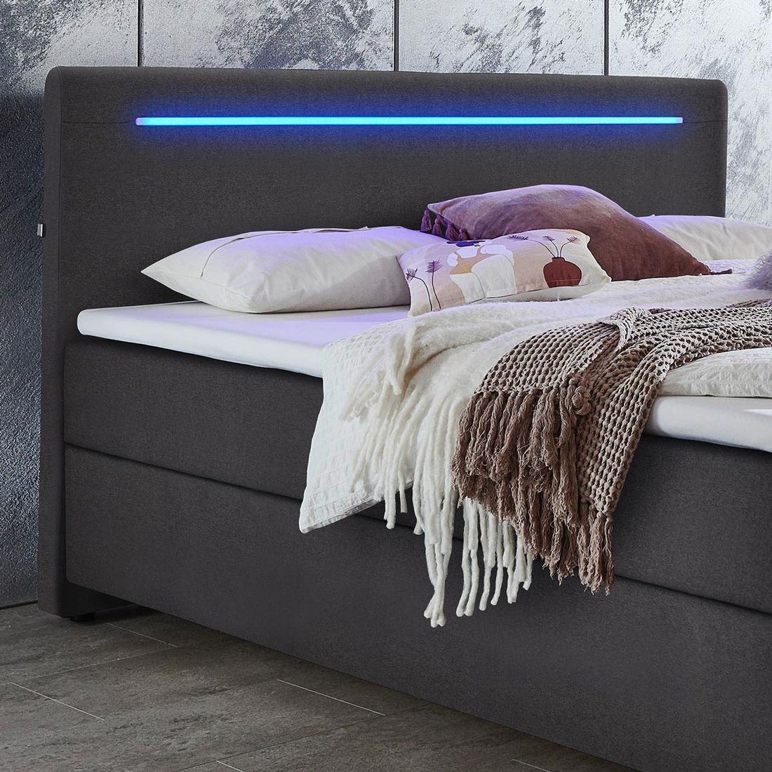 Boxspringbett Oritel Webstoff mit Beleuchtung und Bettkasten