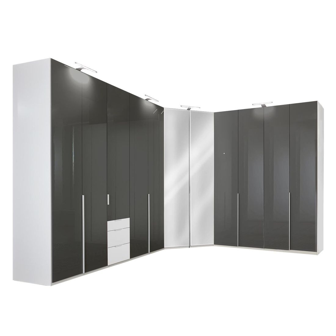 Eck-Kleiderschrank Bassiano mit Beleuchtung, Schubladen, Innenausstattung, Spiegel und Glasfront