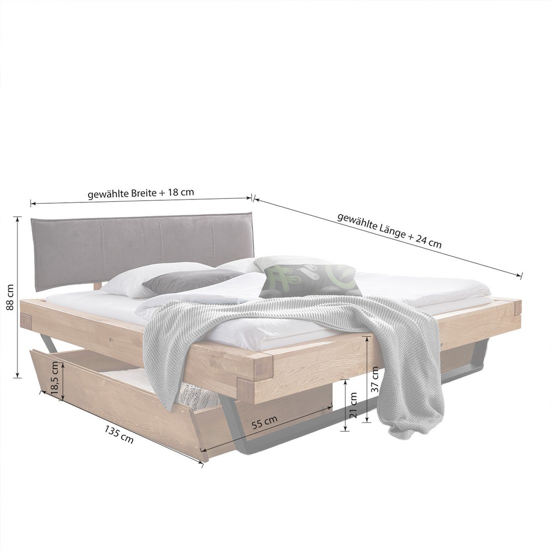 Balkenbett Nerine Wildeiche Massivholz mit Schubkasten