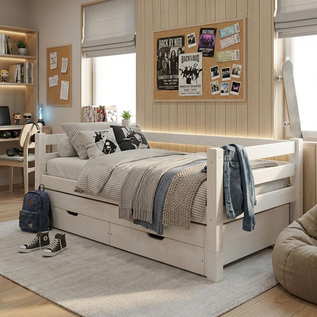 Ausziehbett Kids Paradise Kiefer Massivholz mit Lattenrost und Bettschublade 90x200cm