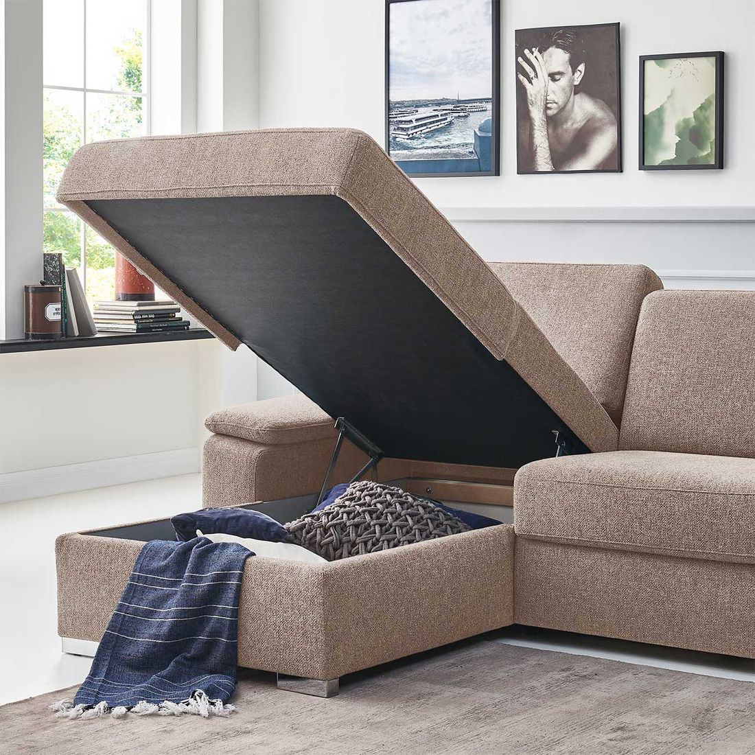 Eck-Schlafsofa Cesio Webstoff mit Lattenrost und Bettkasten Ottomane links
