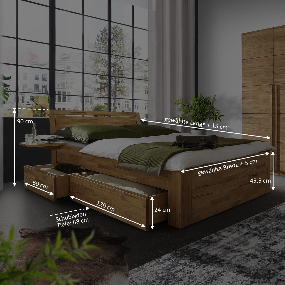 Doppelbett Andalucia Komfort Kernbuche Massivholz mit Schubkasten