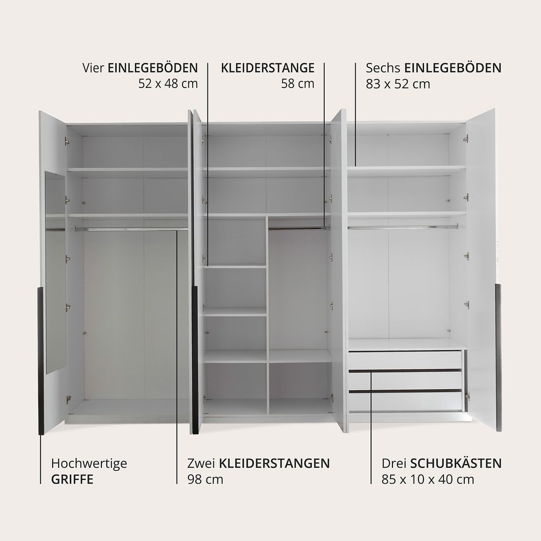 Drehtüren-Kleiderschrank Torvian 302x225cm mit Innenausstattung Kaschmir Hochglanz
