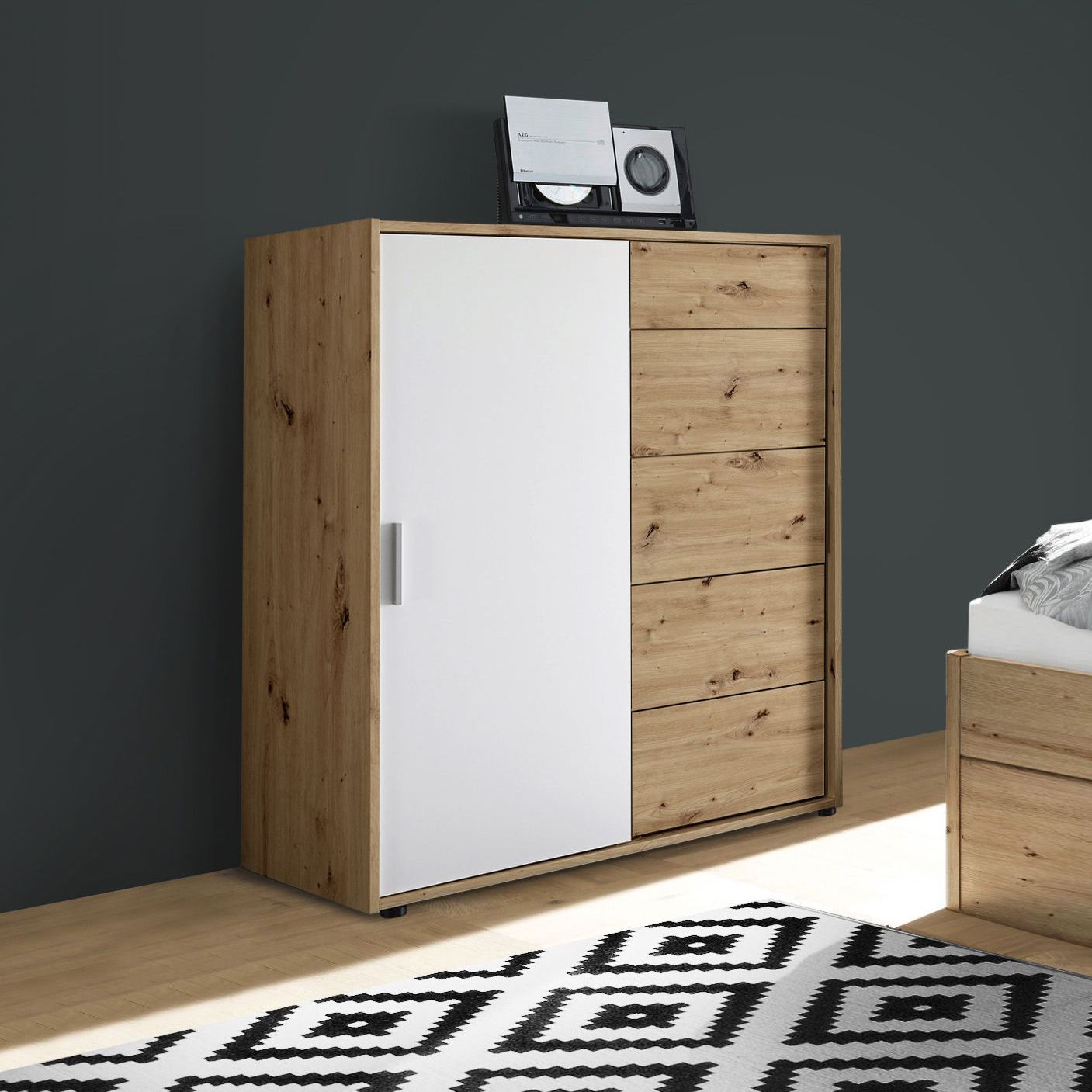 Hochkommode Canitar Eiche Dekor mit Schubladen Artisan Eiche/Weiß