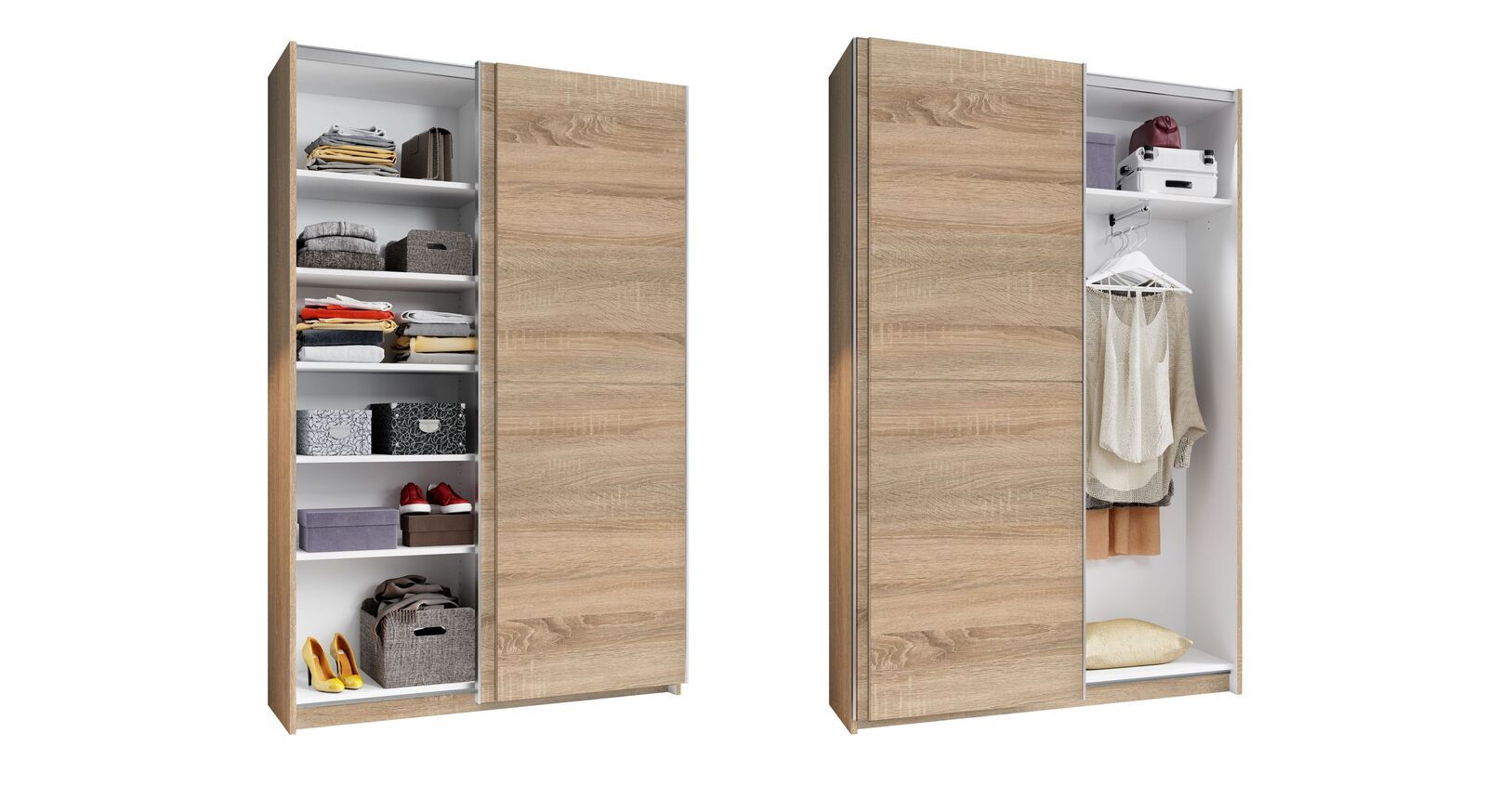 Schwebetüren-Kleiderschrank Nocera Eiche Dekor mit Innenausstattung 125x196cm