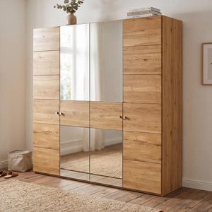 Drehtüren-Kleiderschrank Binita Wildeiche Massivholz mit Spiegel