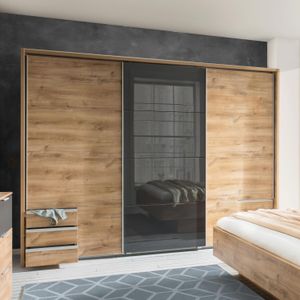 Schwebetüren-Kleiderschrank Alwara Eiche Dekor mit Glasfront und Schubladen