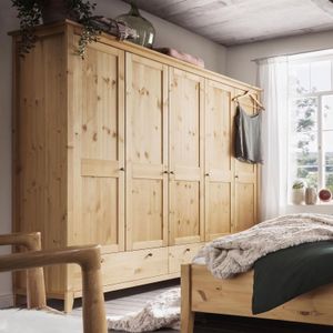 HOMELIV. Drehtüren-Kleiderschrank Jerico Kiefer Massivholz mit Schubladen und Innenausstattung H 210cm