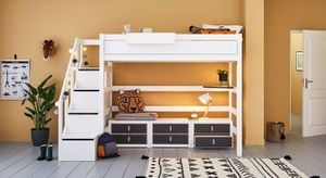 LIFETIME Hochbett Original Kiefer Massivholz mit Lattenrost undTreppenmodul
