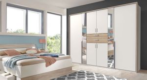 Drehtüren-Kleiderschrank Kormoran Eiche Dekor mit Spiegel und Schubladen