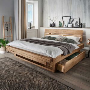 Balkenbett Romeno Komfort Wildeiche Massivholz mit Schubkasten