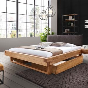 Balkenbett Prunus Wildeiche Massivholz mit Schubkasten