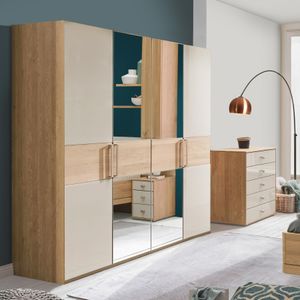 Drehtüren-Kleiderschrank Ayla Eiche teilmassiv mit Spiegel und Glasfront