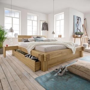 Balkenbett Doba Komfort Wildeiche Massivholz mit Schubkasten