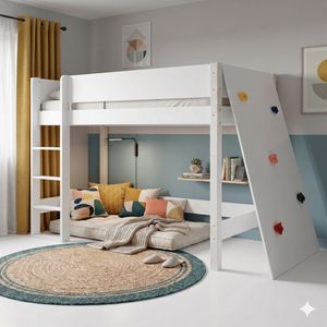 Midi-Hochbett Kids Town Buche teilmassiv mit Lattenrost und Kletterwand