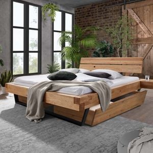 Balkenbett Rubus Wildeiche Massivholz mit Schubkasten