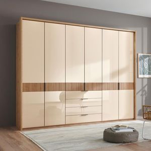 Drehtüren-Kleiderschrank Solya Eiche teilmassiv mit Glasfront und Schubladen