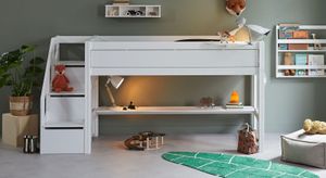 LIFETIME Midi-Hochbett Original Kiefer Massivholz mit Lattenrost und Treppenmodul