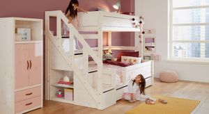 LIFETIME Familienbett Original Kiefer Massivholz mit Lattenrost undTreppenmodul