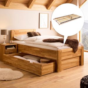 HOMELIV. Seniorenbett Ewen Komfort Wildeiche Massivholz mit Schubkasten