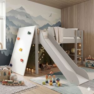 Mini-Hochbett Kids Town Color Buche teilmassiv mit Lattenrost, Rutsche und Kletterwand