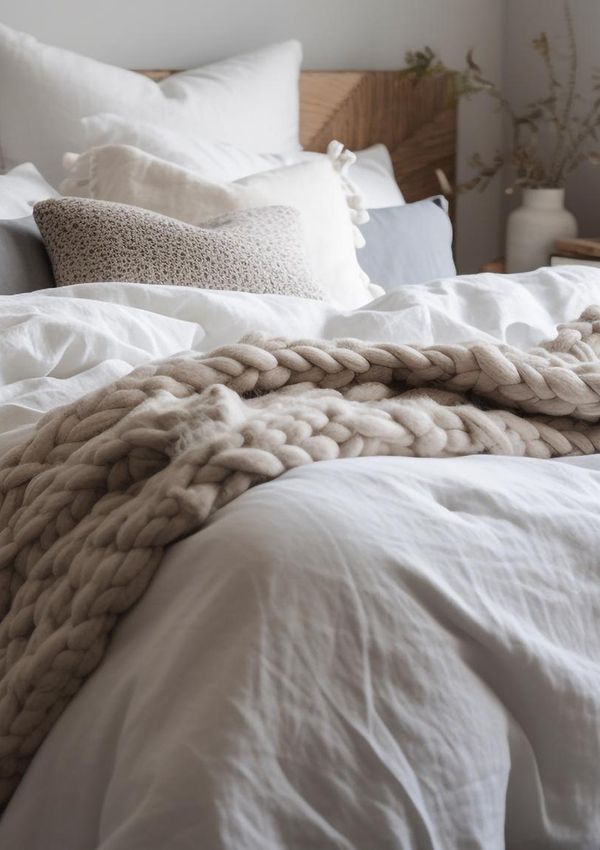 Schlafzimmer mit Polsterbett und kuscheligen Stoffen