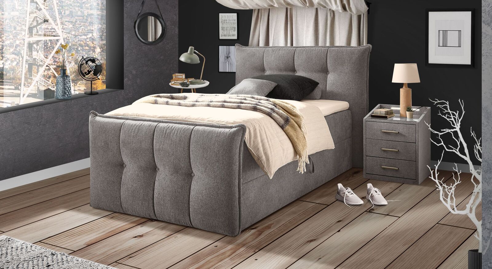 Bettkasten-Einzel-Boxbett Darcy mit integriertem Stauraum