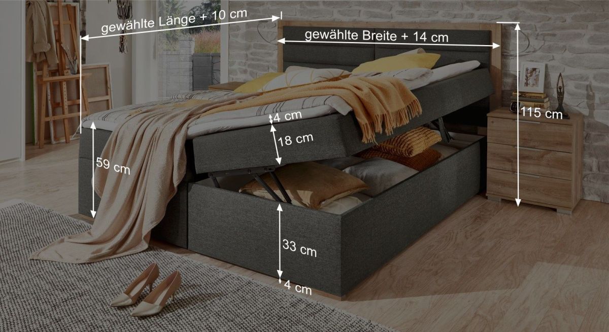 Grafik zur Übersicht der Maße vom Boxbett Rovito