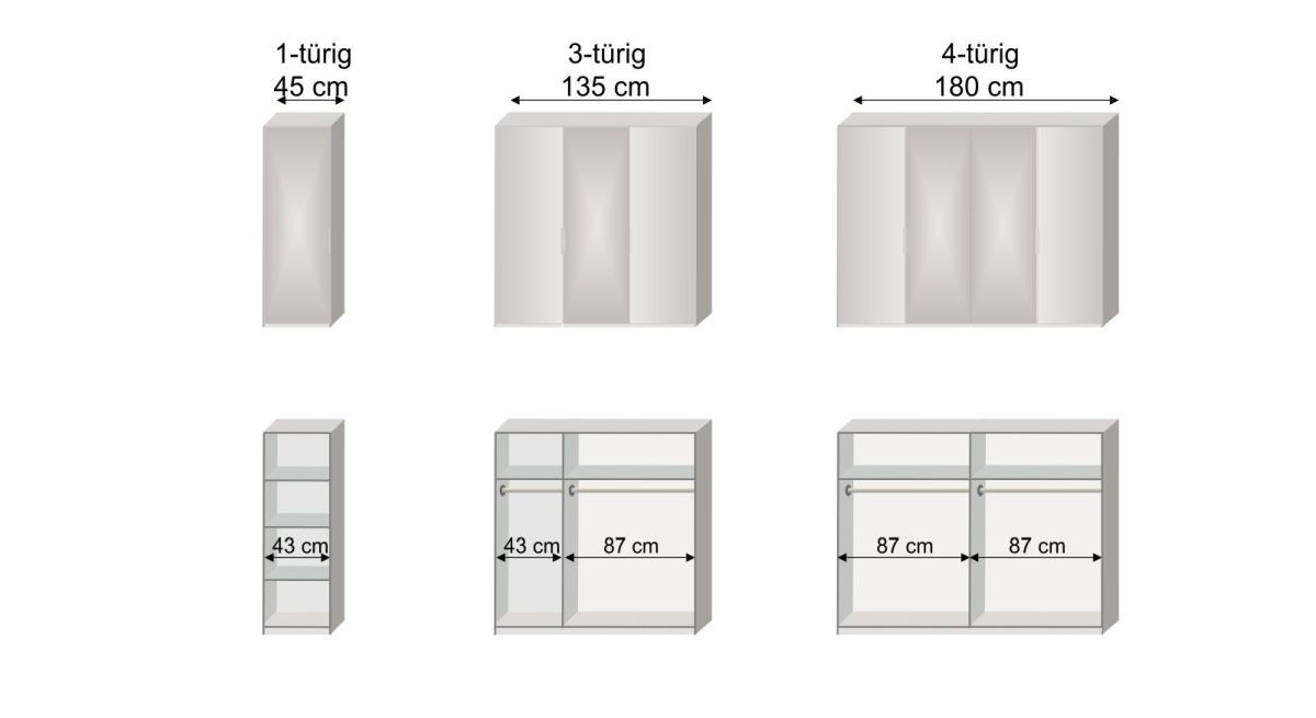 Grafik zur Inneneinteilung des 1-4-türigen Drehtüren-Kleiderschranks Esperia mit Spiegel