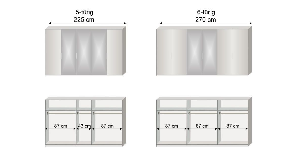 Grafik zur Inneneinteilung des 5-6-türigen Drehtüren-Kleiderschranks Esperia mit Spiegel