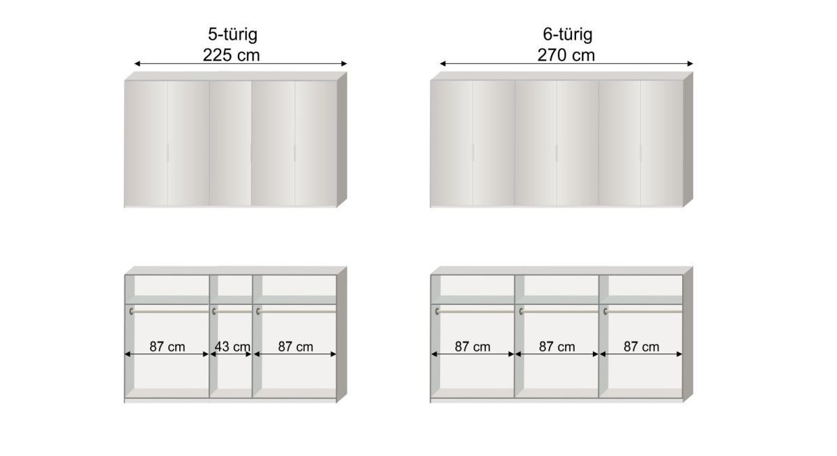 Grafik zur Inneneinteilung des 5-6-türigen Drehtüren-Kleiderschranks