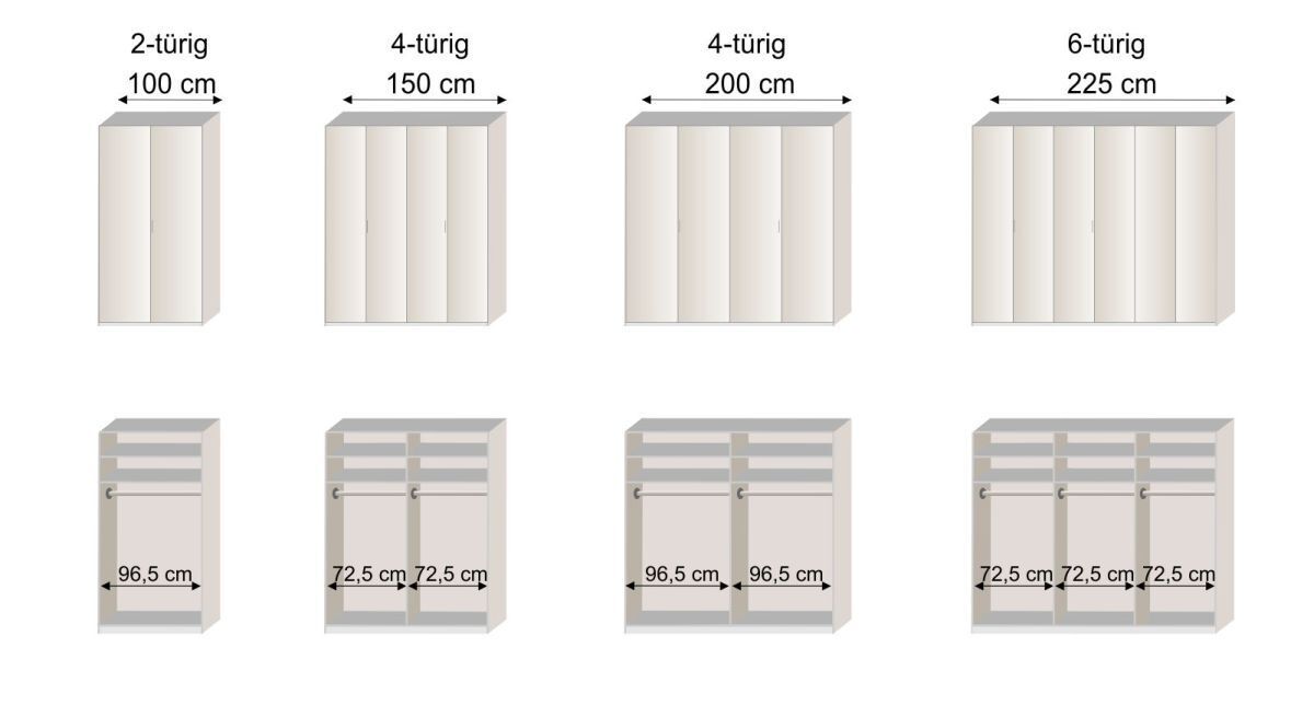 Grafik zur Innenausstattung des Drehtüren-Kleiderschranks Livingston in den Breiten 100 - 225 cm