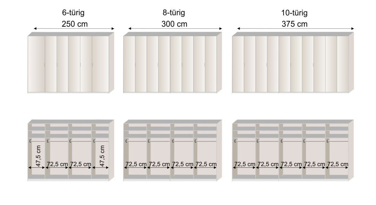 Grafik zur Innenausstattung des Drehtüren-Kleiderschranks Livingston in den Breiten 250 - 375 cm