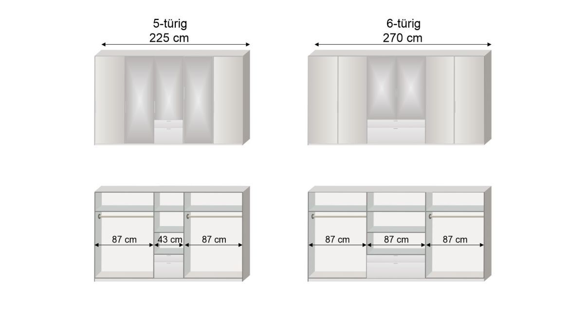 Grafik zur Inneneinteilung des 5- und 6-türigen Funktions-Kleiderschranks Esperia mit Spiegel