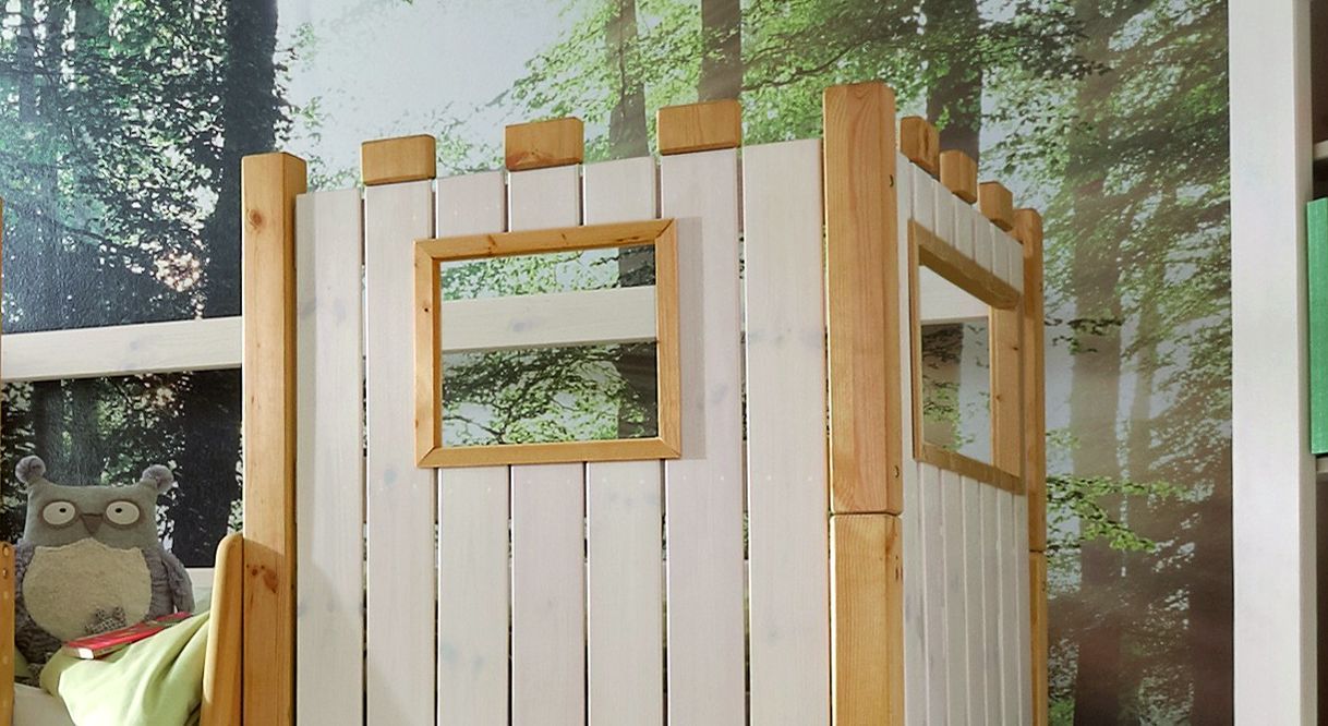 Kinderbett Hochbett Ritterburg Kombination aus weiß lasiertem und gelaugt/geöltem Holz