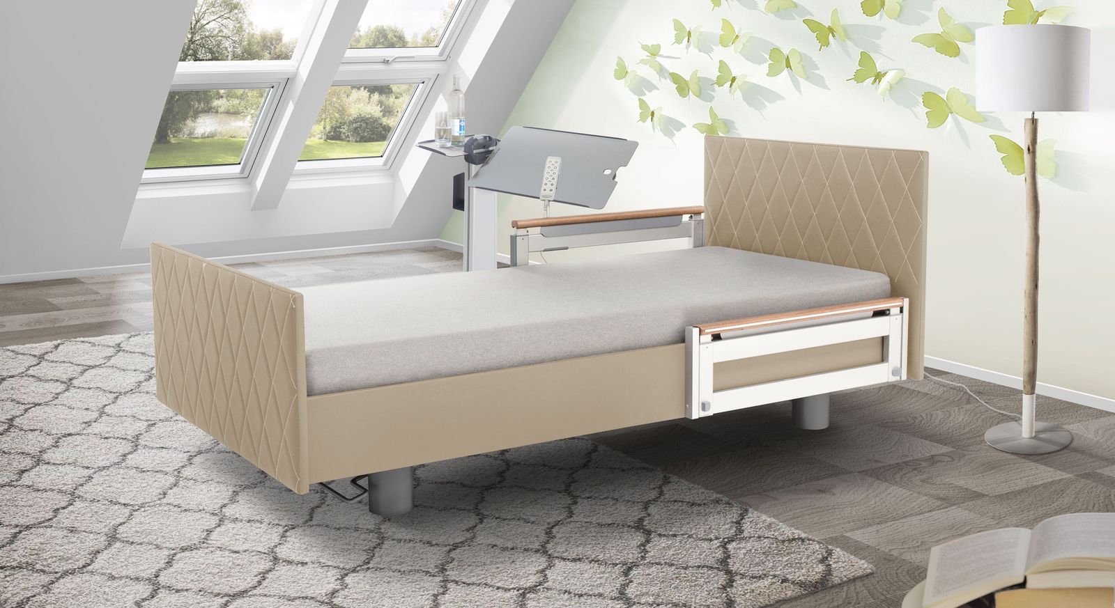Komfortbett mit Pflegebett-Funktion Borkum mit leinefarbenem Kunstlederbezug