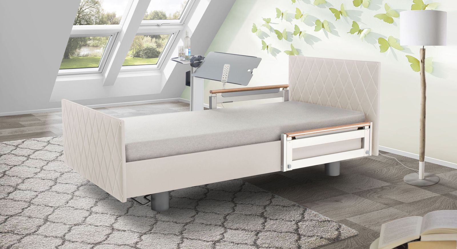 Komfortbett mit Pfegebett-Funktion Borkum mit weißem Kunstlederbezug