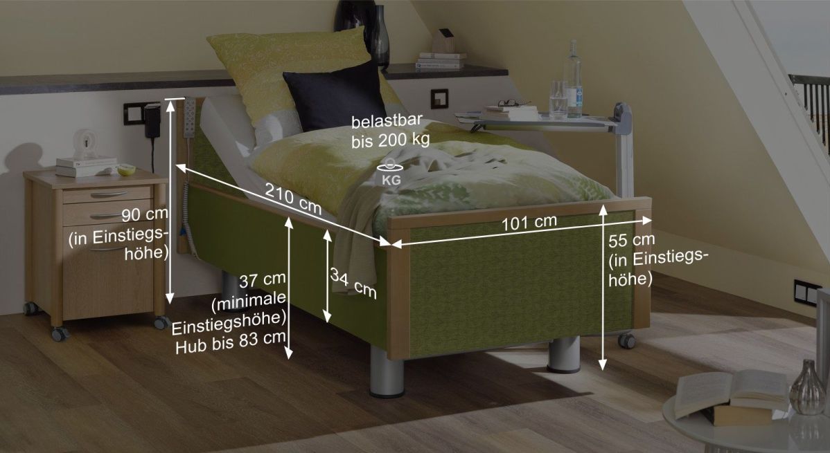 Bemaßungsgrafik vom Komfortbett mit Pflegebett-Funktion Mainau