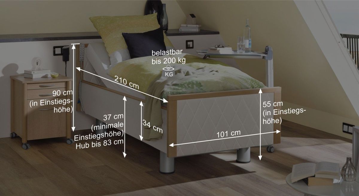 Bemaßungsgrafik vom Komfortbett mit Pflegebett-Funktion Rügen
