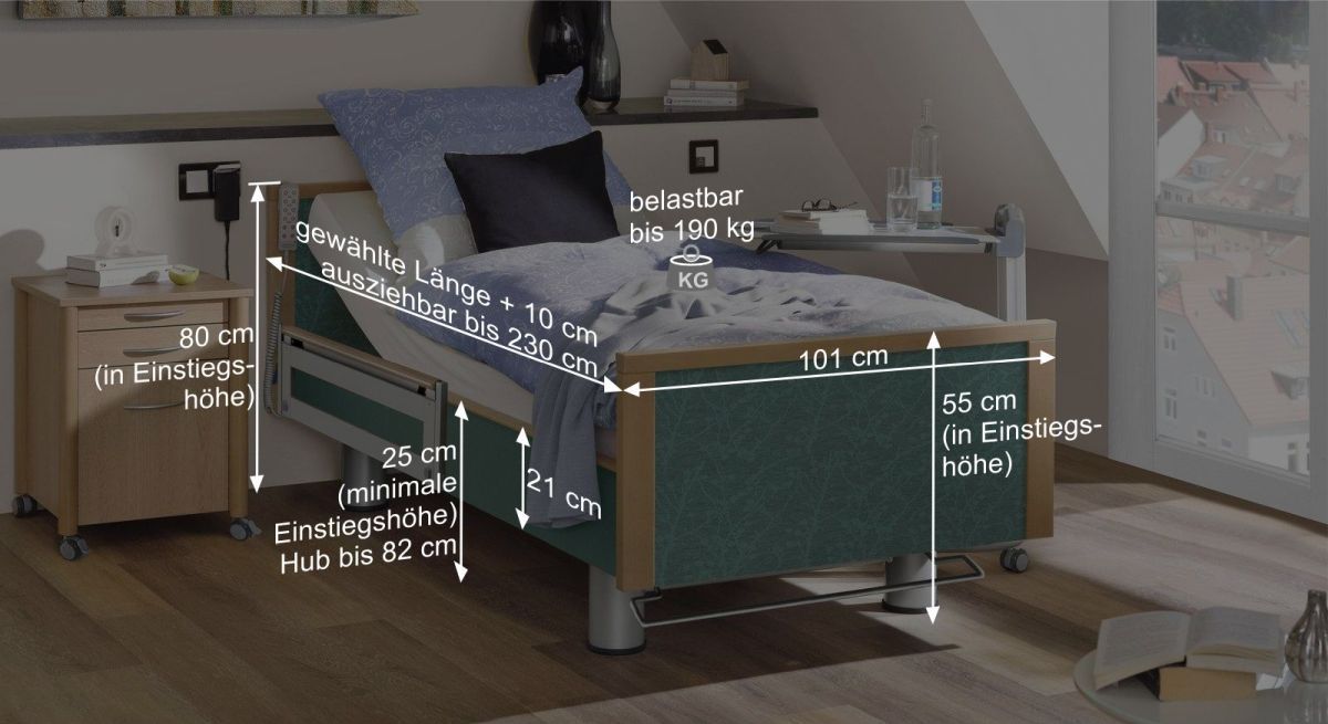 Bemaßungsgrafik vom Komfortbett mit Pflegebett-Funktion Sylt
