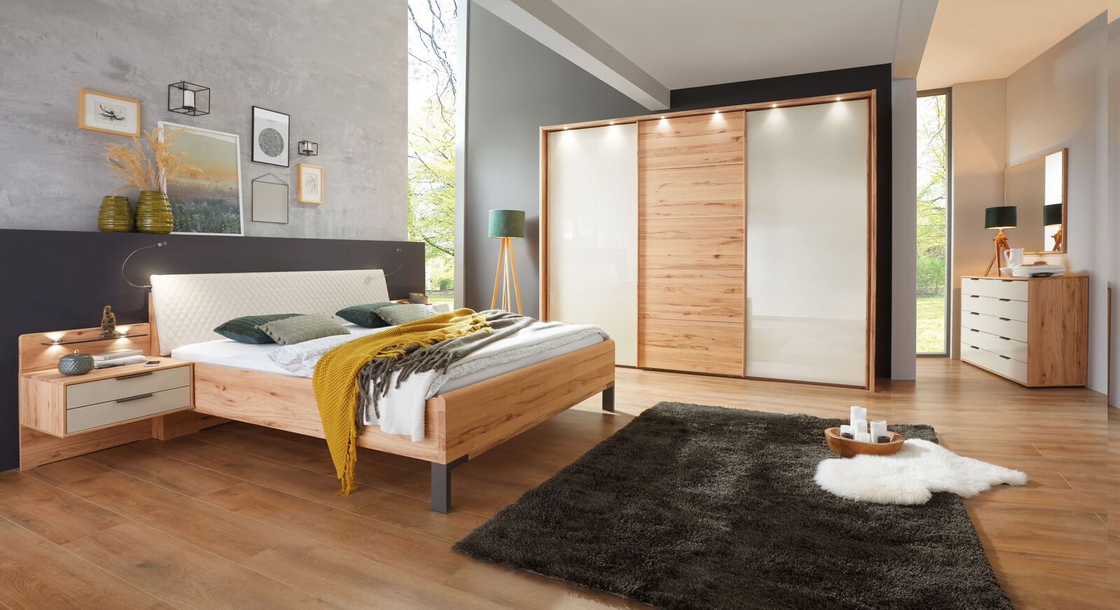 Komplett-Schlafzimmer Leandra in stilvollem Materialmix