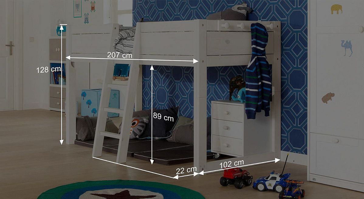 Bemaßungsgrafik zum Mini-hochbett des LIFETIME Kinderbetts 4in1