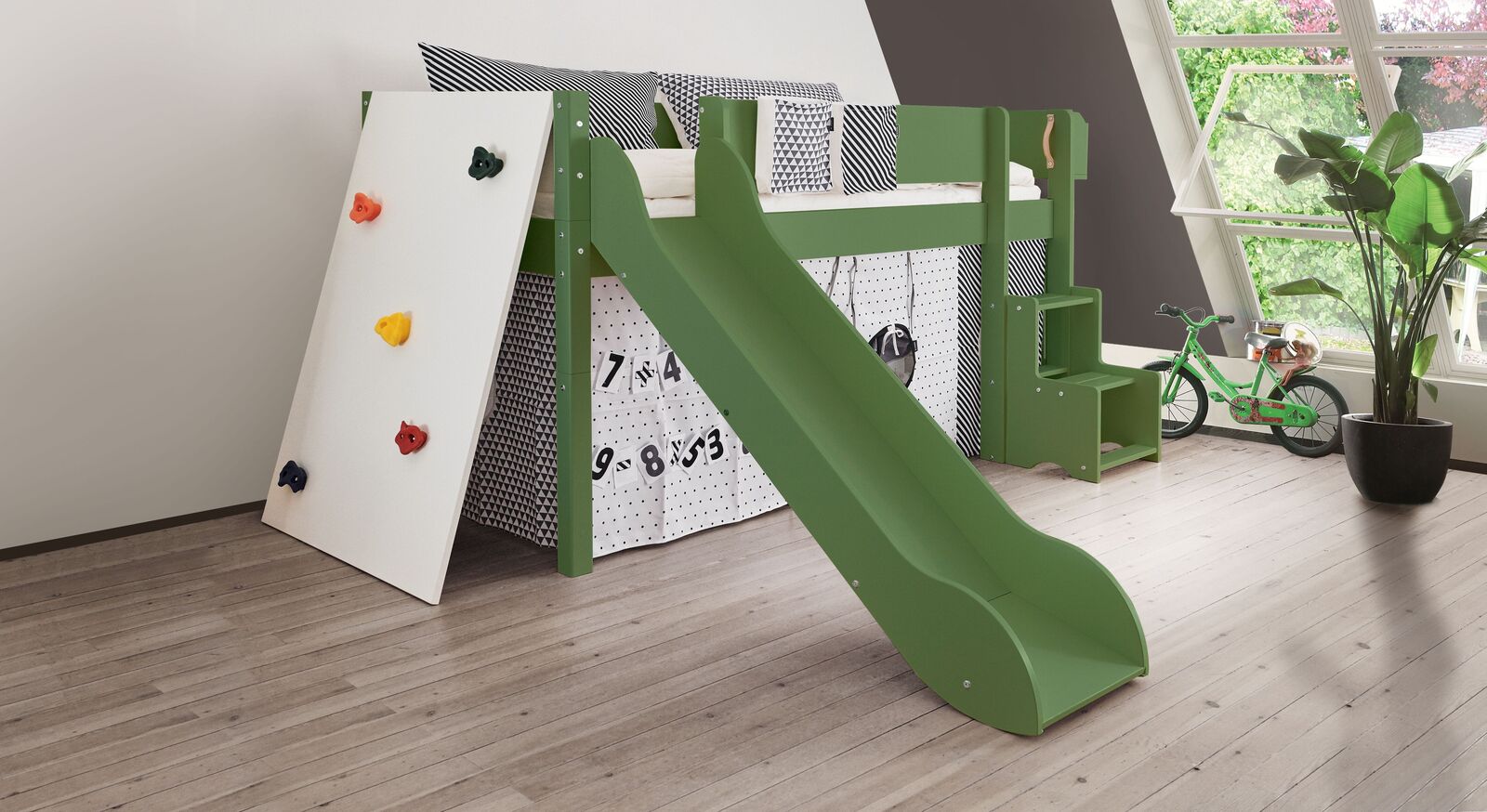Mini-Rutschen-Hochbett Kids Town Color in Grün mit Kletterwand