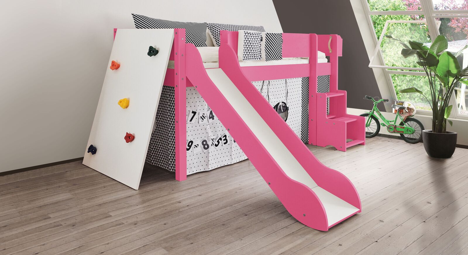 Mini-Rutschen-Hochbett Kids Town Color mit Kletterwand in Pink