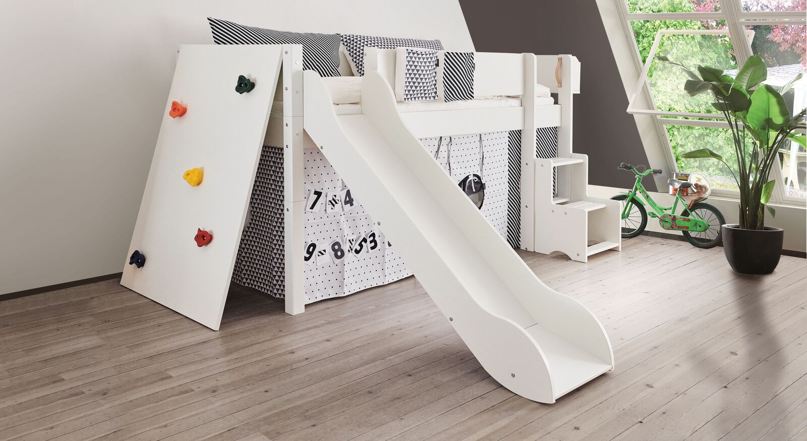 Mini-Rutschen-Hochbett Kids Town mit Kletterwand weiß deckend lackiert