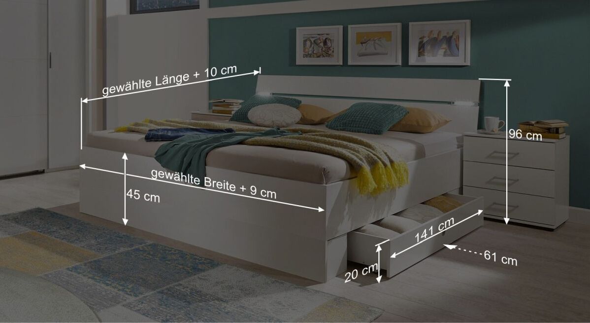 Bemaßungs-Grafik zum Schubkasten-Bett Kiraly 
