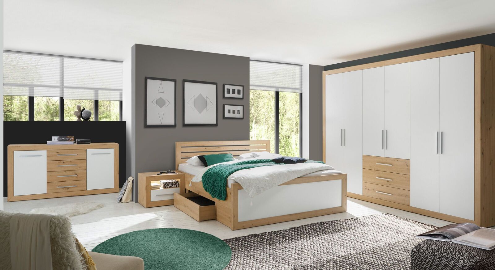 Preiswertes Komplett-Schlafzimmer Ermua mit Schubkastenbett und Nachttischen