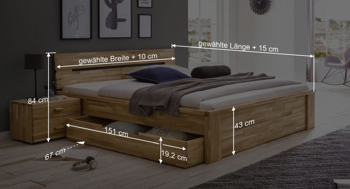 Bemaßungs-Grafik zum Schubkasten-Bett Sumak