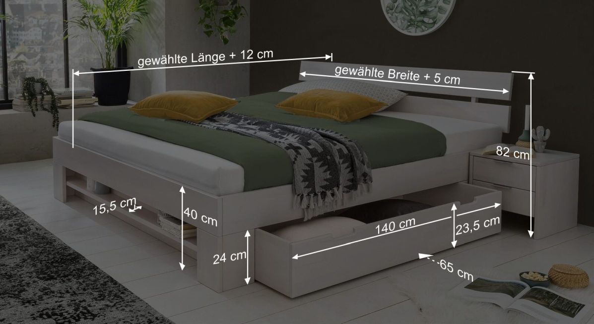 Bemaßungs-Grafik zum Schubkasten-Bett Valor