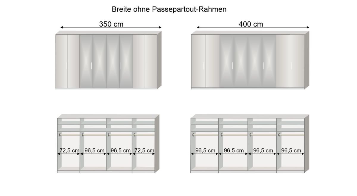 Grafik zur Inneneinteilung des 350 und 400 cm breiten Spiegel-Falttüren-Kleiderschranks Westville